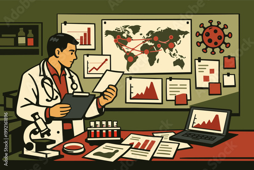 Medical researcher monitoring global pandemic, analyzing outbreak data on world map with viral spread and epidemiology reports