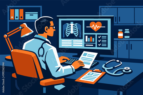 Doctor examining patient medical data on a computer screen displaying x-ray, heart rate, and analysis charts in a clinic