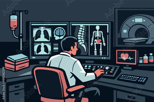Radiologist analyzing medical images on monitors for patient diagnosis and treatment planning in a hospital setting