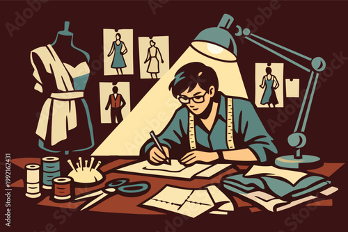 Fashion designer creating garment sketches, working at atelier desk with patterns, mannequin, scissors, and threads