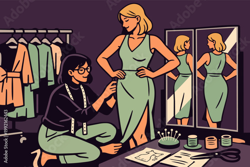 Fashion designer fitting a custom dress on a woman, creating unique clothing in a professional atelier