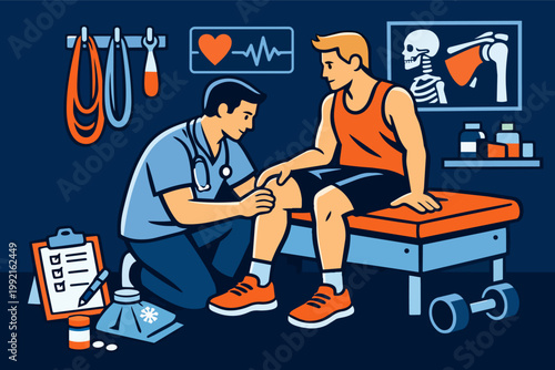Doctor examining athlete's knee, providing physical therapy for sports injury and orthopedic rehabilitation
