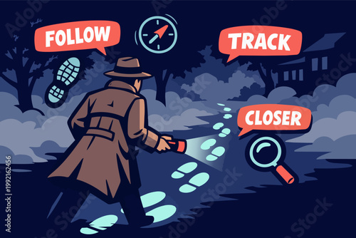 Private investigator searching for crime evidence, closely tracking footprints in a mysterious environment at night