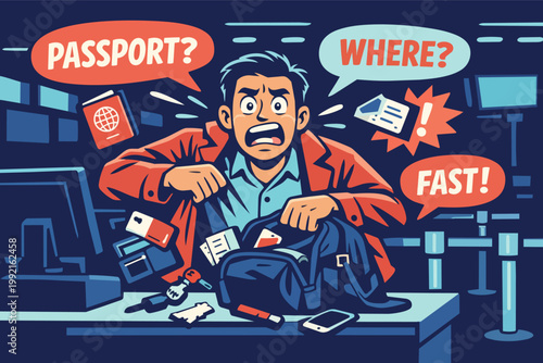 Stressed traveler looking for passport in bag, experiencing travel anxiety at airport checkpoint, rushing and losing documents