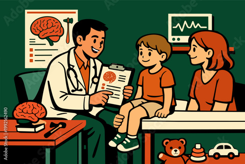 Pediatric doctor discussing child brain health and neurology with a young boy and his mother during a medical exam