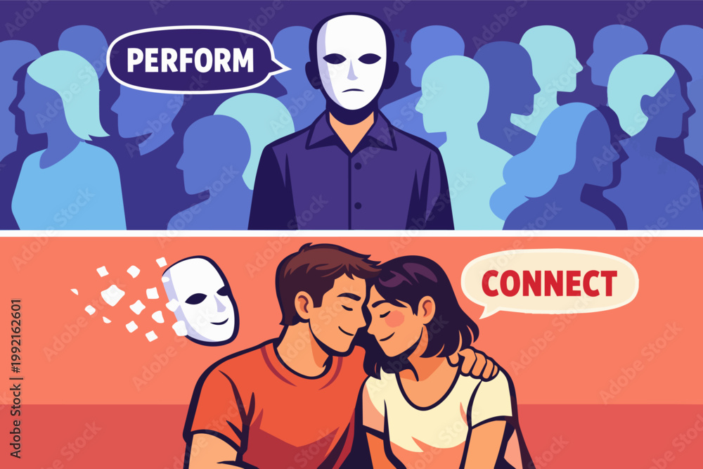 Obraz premium Person wearing a mask in a crowd, feeling the pressure to perform, later removing the mask for genuine connection