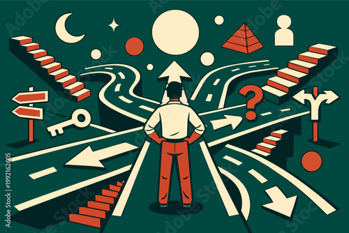 Man standing at a complex crossroads, facing many different career paths, opportunities, and decisions for his future life