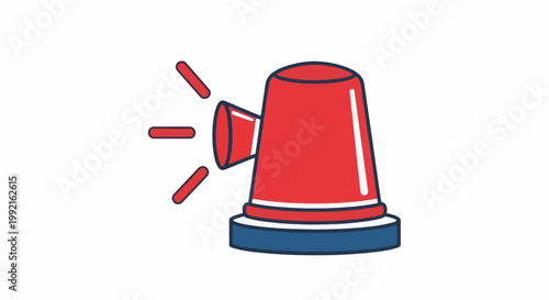 A stylized red and blue emergency siren emits red light signals against a white background