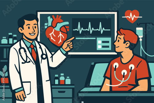Doctor explaining heart health and cardiology to patient during medical checkup, reviewing ecg on screen