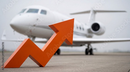 Orange Arrow Graph Showing Upward Trend in Front of Private Jet.