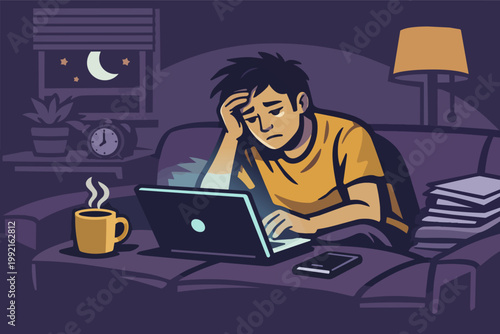 Depressed man staying awake late at night, feeling sleepy and overwhelmed while working on his computer with coffee
