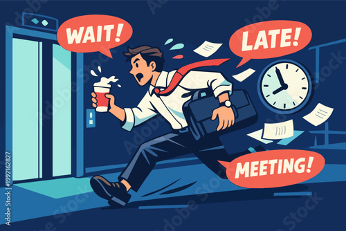 Businessman running stressed out and rushing to work, holding coffee and briefcase, missing an elevator