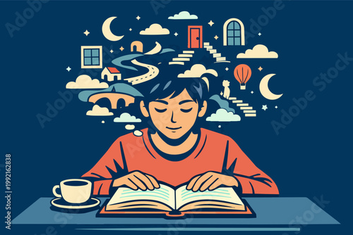 Person reading a book, imagination flowing with dreamlike landscapes and fantastical elements emerging from mind