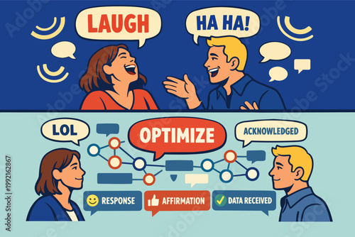 Comparing human connection and humor with ai-driven communication, showing optimization and data exchange in a digital age