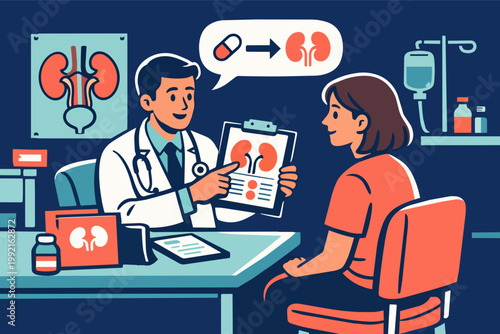 Doctor consulting with a patient, holding a clipboard with a kidney diagram, and discussing medication for renal health