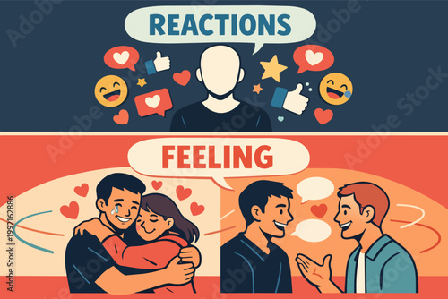 Understanding social connection and emotional reactions, showing communication, empathy, and positive feedback in digital and real life