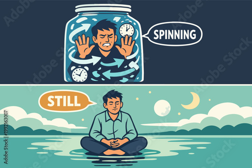 Man struggling with spinning thoughts and time pressure, finding stillness and mental clarity by meditating in a peaceful setting