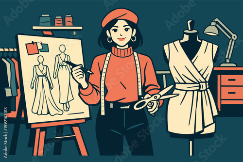 Creative woman working as a seamstress, making dress designs in a studio, exploring craftsmanship and textile arts