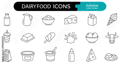 Dairy food line icons set in outline style. Milk, cheese, butter, yogurt, cream, farm dairy products vector illustration.