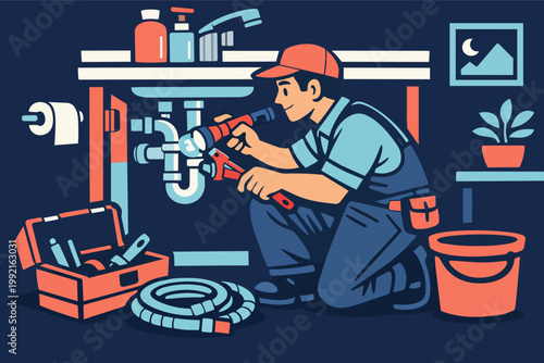 Plumber fixing pipe under sink, illuminating work with flashlight during plumbing repair and home maintenance