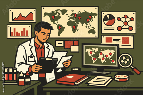 Scientist researching global health data, analyzing medical statistics and a pandemic spread on a world map