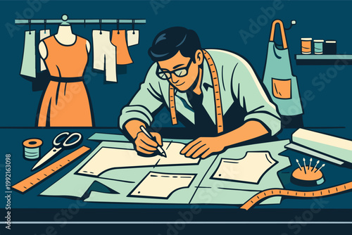 Fashion designer creating dress patterns on a table, working in a tailoring workshop with sewing supplies