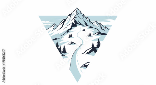 A stylized geometric depiction of a snow-covered mountain landscape with a winding path