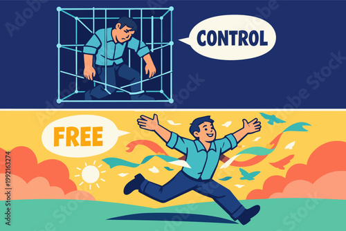 Man escaping control, running free from a cage with open arms, feeling freedom and empowerment