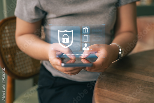 Businesswoman locking sensitive financial data for cyber security protection. cyber security concept User Privacy Security and Encryption Future technology and cybernetics lock screen key