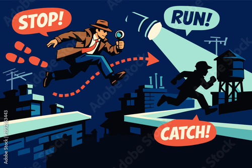 Detective chasing a suspect across city rooftops at night, illustrating crime investigation and urban pursuit action