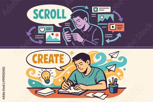 Young man navigating the choice between passive social media scrolling and active creative work, highlighting productivity and digital wellness concepts