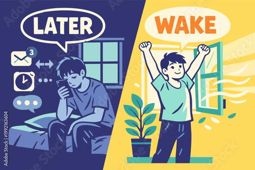 Choosing healthy sleep routine, avoiding phone addiction and procrastination for a fresh, energetic morning wake up