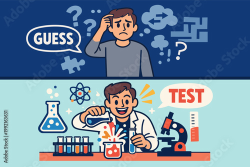 Scientific method concept comparing guessing or hypothesizing with active testing and experimentation in a laboratory setting