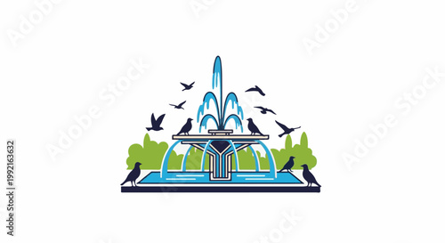 A stylized fountain with birds flying and perched around it, set against a green background