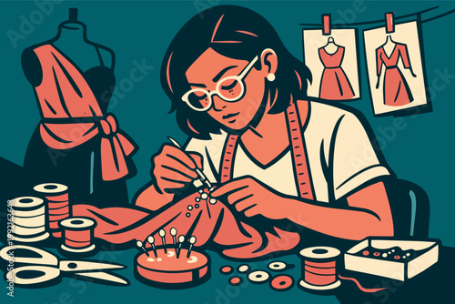 Female fashion designer creating new clothing, sewing beads onto fabric, surrounded by dressmaking tools and sketches