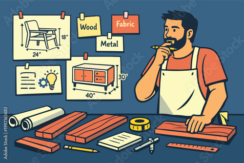 Furniture designer or carpenter brainstorming new ideas for woodworking projects, planning design and selecting materials