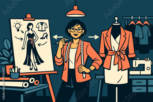 Fashion designer creating new clothing designs, drawing sketches and presenting products on a model mannequin