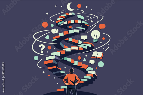 Person looking up a winding staircase built from books. Concepts of education, discovery, thought, questions, and aspirations
