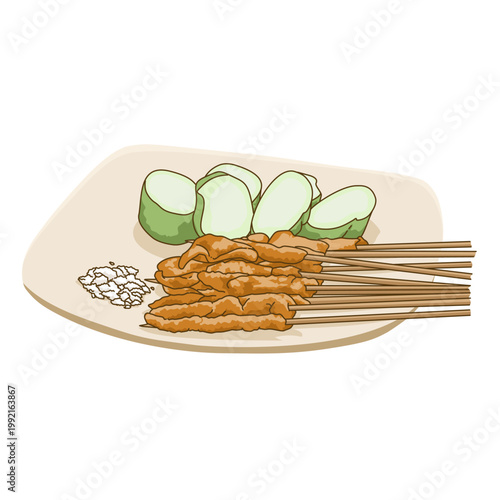 a plate with chicken satay and rice boiled and chili sauce on a plate vegetables on it. typical Indonesian food 