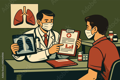 Doctor discussing medical results and an x-ray with a patient during a healthcare consultation in a clinic, both wearing masks