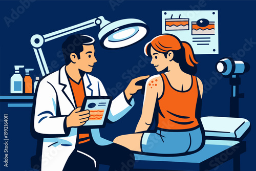 Dermatologist examining patient's skin rash, checking for skin condition and providing treatment consultation