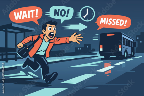 Man running and frustratingly missing the public transit bus on a city street, showing urgency and lateness for commute