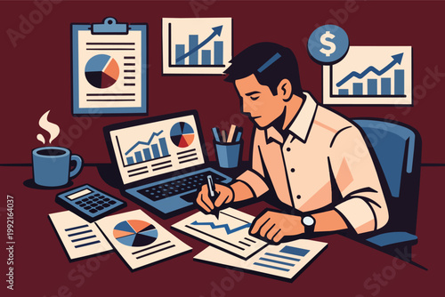 Financial analyst working on business growth and investment data, evaluating market trends and accounting reports