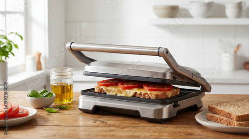 Modern electric grill cooking a delicious sandwich with fresh ingredients.