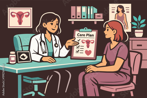 Doctor discussing a care plan with a female patient during a gynecology consultation for women's reproductive health