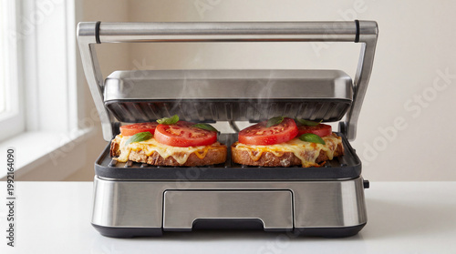 Two delicious sandwiches being grilled in an open panini press.