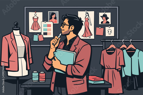 Male fashion designer working on creative strategy, developing new styles and outfits with a mood board and mannequin