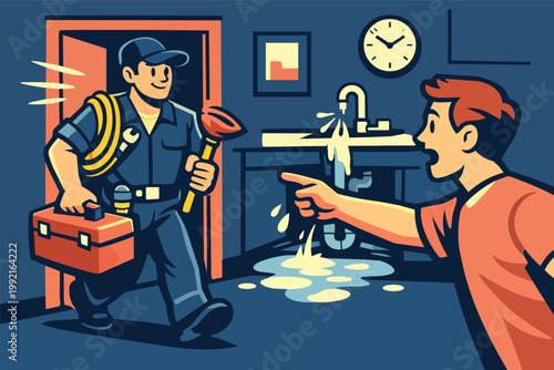 Plumber arriving for emergency repair in a bathroom with a leaking sink and water damage, cartoon illustration