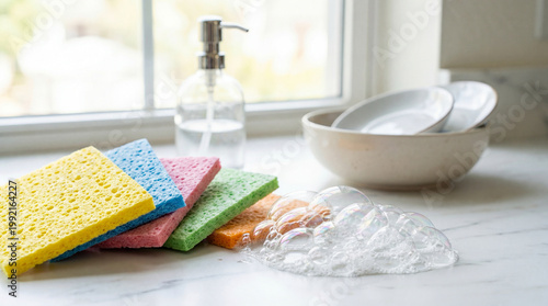 Colorful Sponges and Dish Soap Ready for Cleaning.