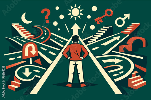 Businessman standing at crossroads choosing path, navigating complex decisions, strategic planning for future direction